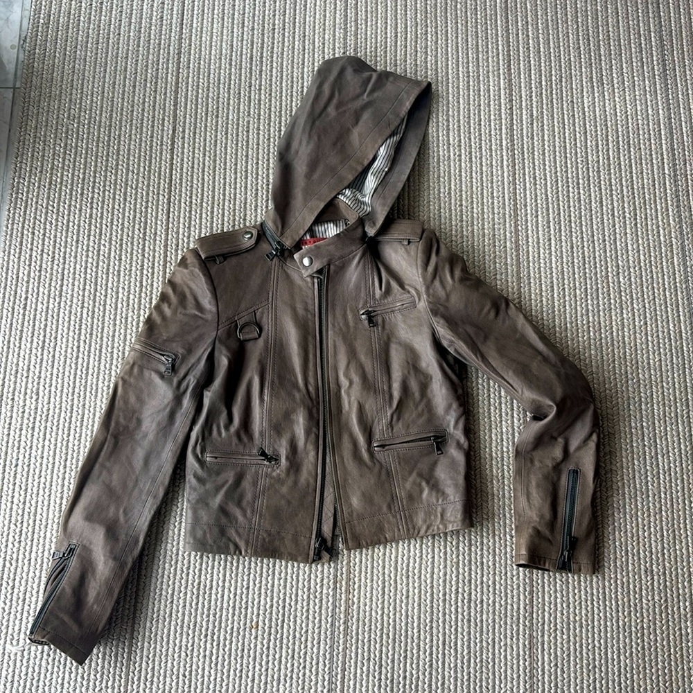 Alice + Olivia Authentic leather gray jacket with Zip hoodie Size Small